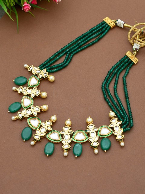 

Imittire Green Enamelled Kundan Polki Hand Woven Necklace