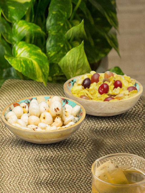 

nestroots 2 Pieces Brown & Green Decorative Mango Wooden Printed Serving Bowls