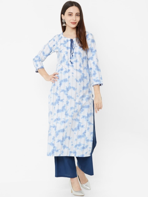 

Os Women White & Blue Printed A-Line Kurta