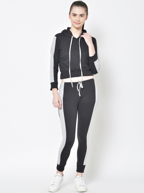 

American-Elm Women Black Solid Slim-Fit Hooded Tracksuit