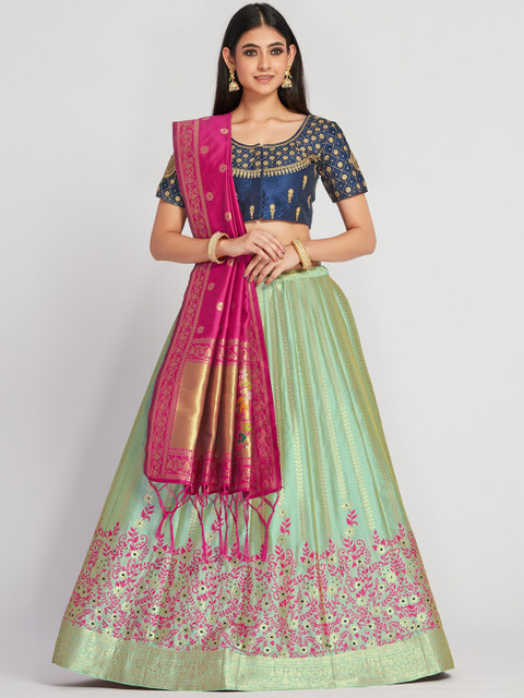 

MIMOSA Navy Blue & Green Embroidered Semi-Stitched Lehenga & Blouse with Dupatta