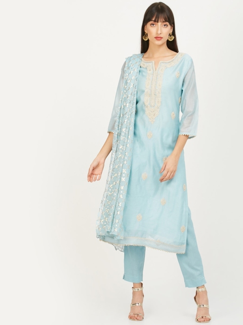 max Women Blue Embroidered Kurta with Trousers & Dupatta