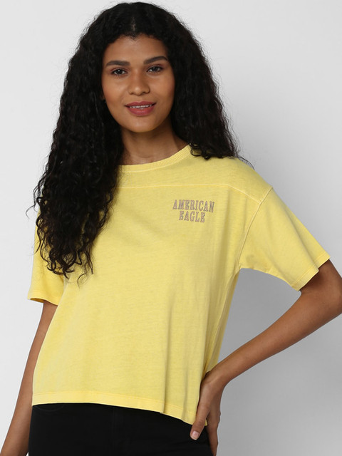 

AMERICAN EAGLE OUTFITTERS Women Yellow Solid Round Neck T-shirt