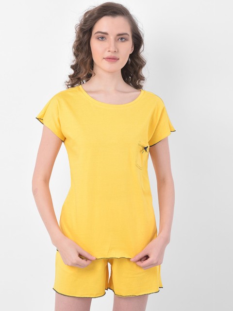Clovia Women Yellow Solid Night Suit