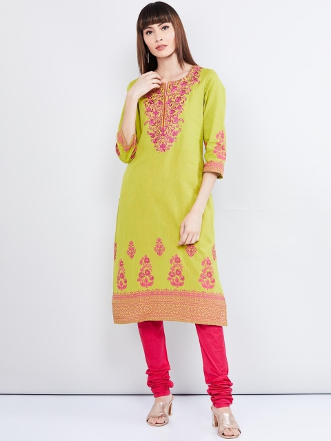 

max Women Lime Green & Pink Embroidered Kurta with Churidar & Dupatta