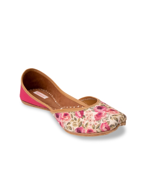 

Jivaana Women Pink & White Floral Printed Embellished Leather Mojaris
