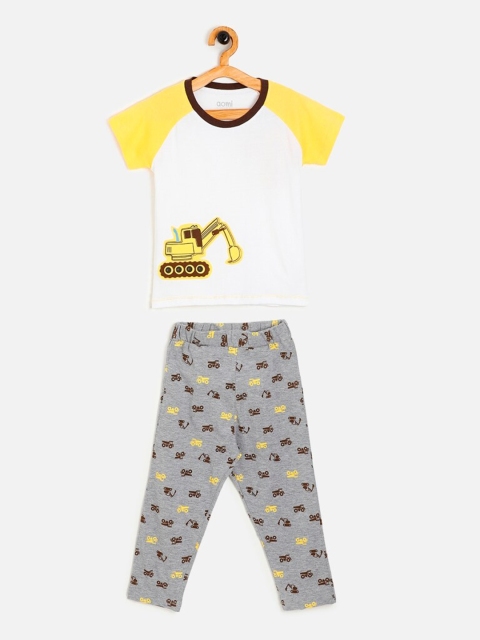 

Aomi Boys White & Grey Melange Printed Night Suit