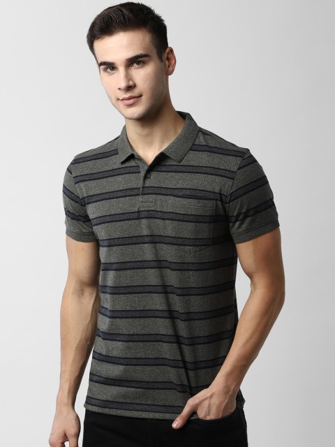

Peter England Casuals Men Grey Slim Fit Striped Polo Collar T-shirt