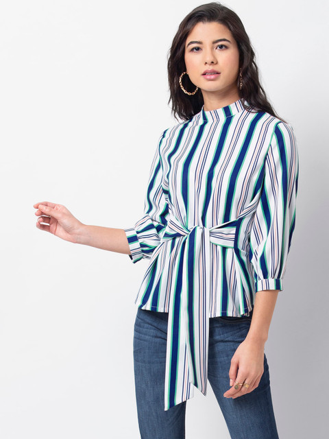 

FabAlley Women Blue Striped Cinched Waist Pure Cotton Top