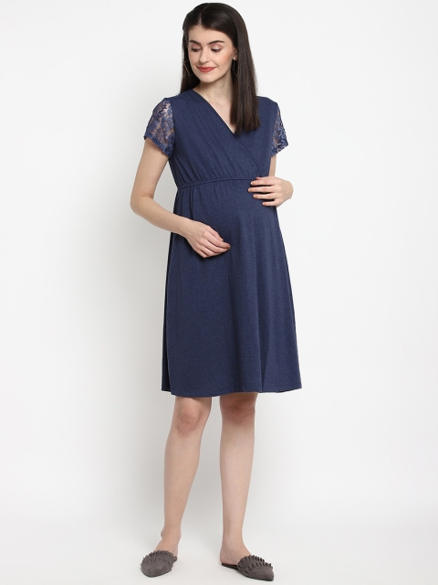 

The Vanca Women Navy Blue Self Design Fit and Flare Dress