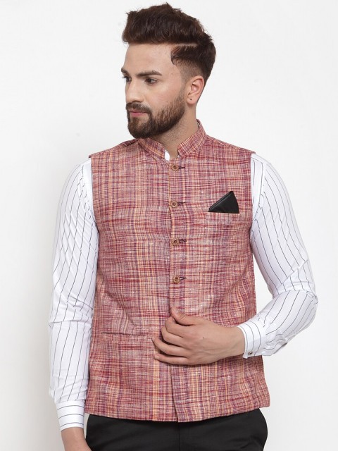 

KLOTTHE Men Purple & Yellow Checked Woven Nehru Jacket