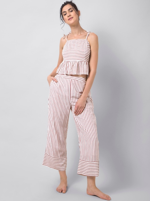

FabAlley Women Maroon & White Striped Night suit