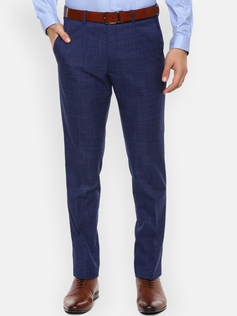 

Van Heusen Men Navy Blue Slim Fit Checked Formal Trousers
