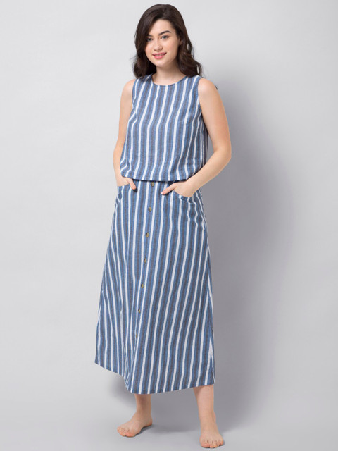 

FabAlley Women Blue & White Striped Night suit