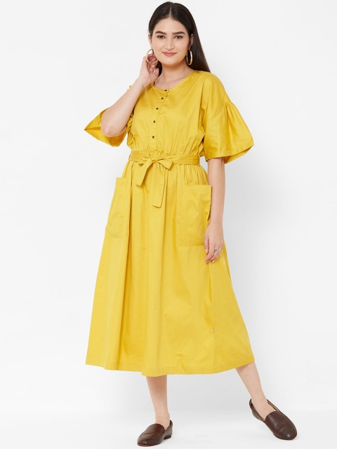 

Vedic Women Mustard Yellow Solid Fit and Flare Dress