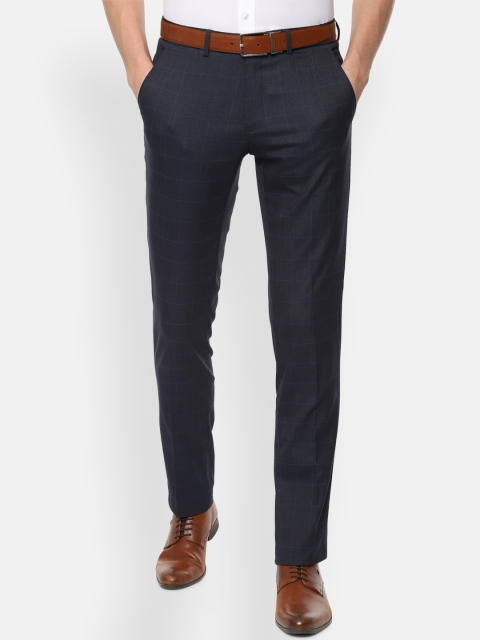 

Van Heusen Men Navy Blue Slim Fit Checked Formal Trousers