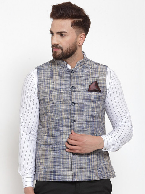 

KLOTTHE Men Blue Woven Design Nehru Jacket