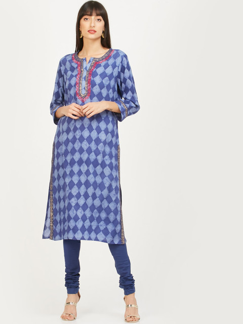 

max Women Blue Printed Kurta with Churidar & Dupatta
