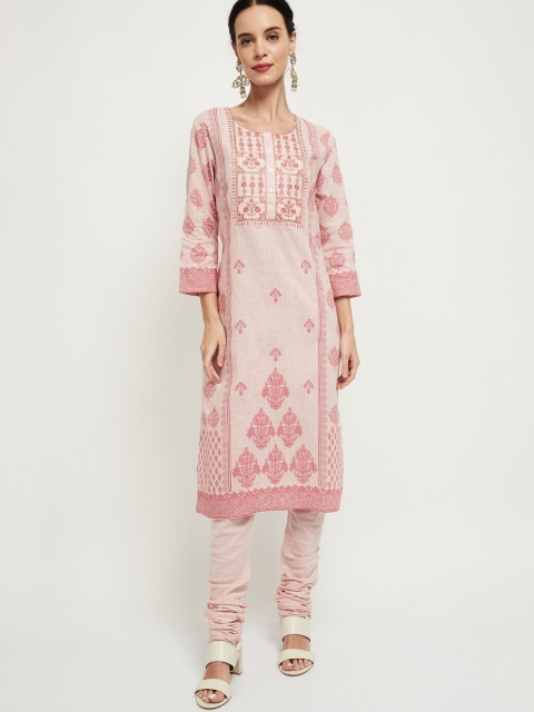 

max Women Coral Pink Embroidered Kurta with Churidar & Dupatta