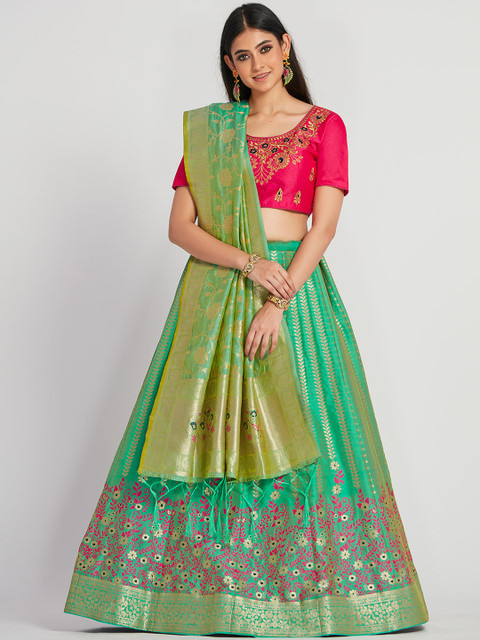 

MIMOSA Pink & Green Embroidered Unstitched Lehenga & Semi-Stitched Blouse with Dupatta