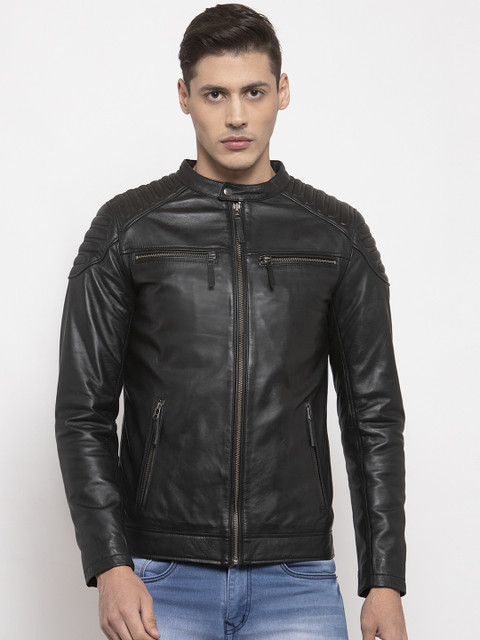 

WELBAWT Men Black Solid Lightweight Leather Jacket
