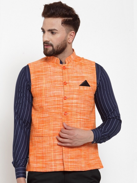 

KLOTTHE Men Orange Checked Regular-Fit Nehru Jacket