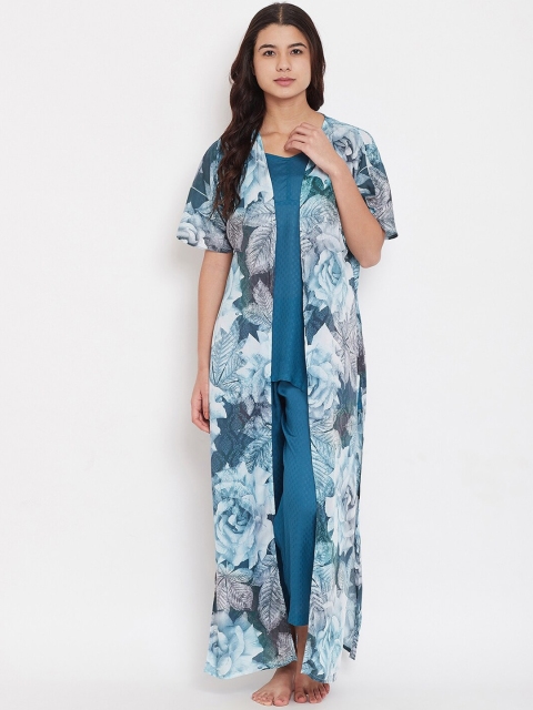 

The Kaftan Company Women 3 Pc Teal Blue Solid Night Suit Set