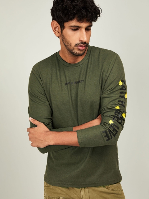 

Smiley World Men Olive Green Printed Round Neck T-shirt