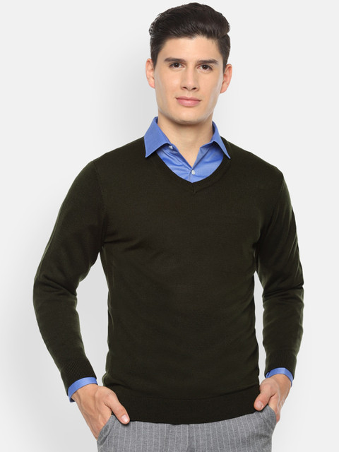 

Van Heusen Men Olive Green Solid Pullover Sweater