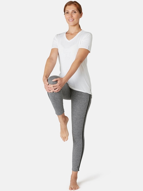 

NYAMBA By Decathlon Women Grey Melange Solid Ankle Length Gym Tights With Side Stripes