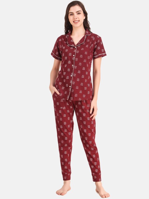 

Masha Women Maroon & White Printed Night suit