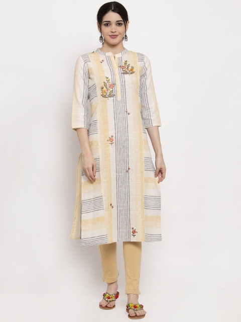 

ANAISA Women White & Grey Floral Embroidered A-Line Kurta