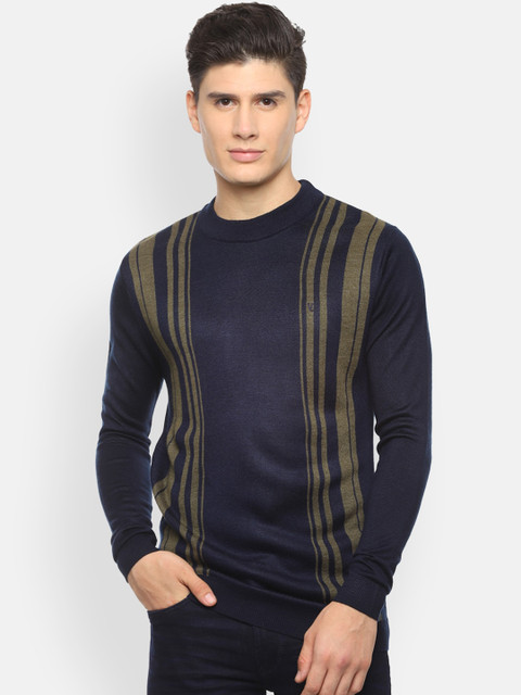 

V Dot Men Navy Blue Striped Cardigan Sweater