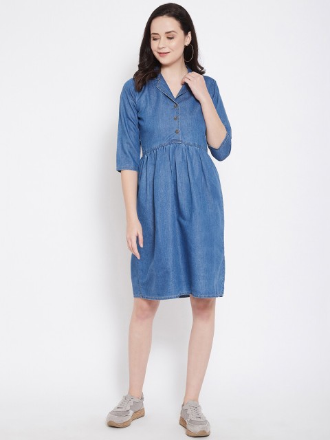 

Ruhaans Women Blue Solid Denim Shirt Dress