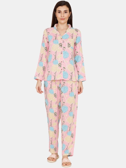 

Zivame Women Pink & Blue Printed Night Suit