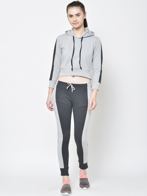 

American-Elm Women Grey Melange & Black Solid Slim-Fit Hooded Tracksuit