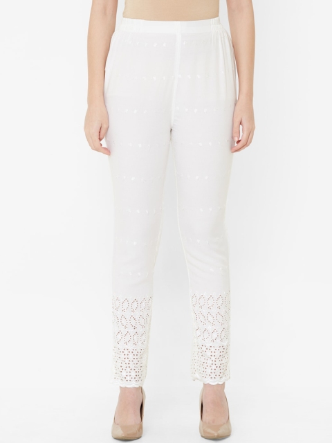 

Juliet Women White Tapered Fit Self Design Cigarette Trousers