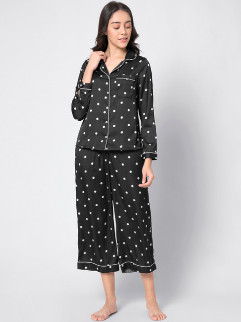 

FabAlley Women Black & White Polka Dot Printed Night Suit