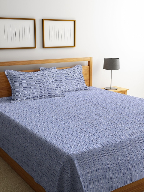 

KLOTTHE Blue & White Woven Design Double Bed Cover With 2 Pillow Covers