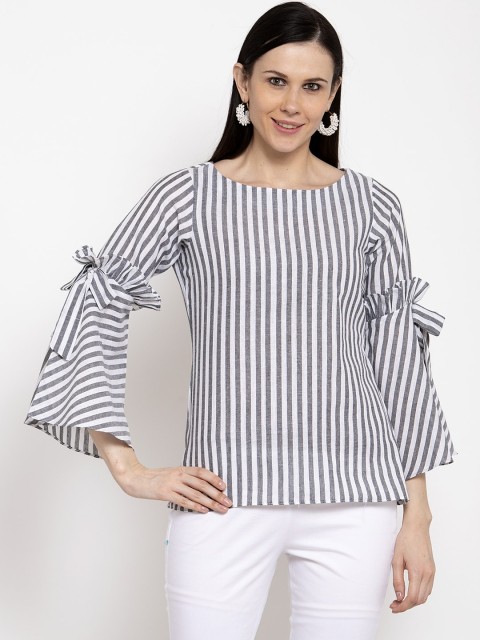 

DUGRI BE THE ONE Women Black & White Striped Pure Cotton Top
