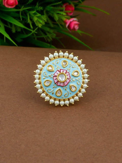 

Imittire Gold-Plated Turquoise Blue & Pink Kundan-Studded Meenakari Adjustable Finger Ring