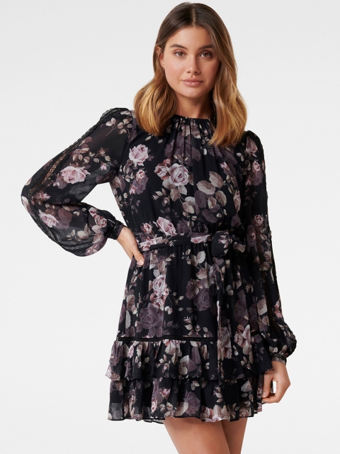 

Forever New Women Navy Blue Floral Printed Fit and Flare Dress