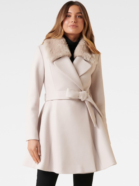 

Forever New Women Cream Solid Longline Faux Fur Trim Overcoat