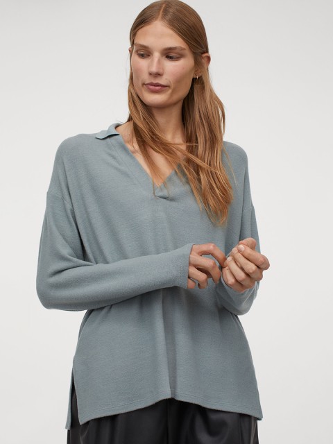 

H&M Women Green Solid Collared Top