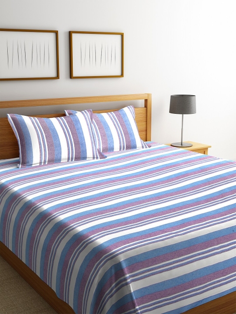 

KLOTTHE Blue Purple & White Striped Double King Bed Cover With 2 Pillow Covers