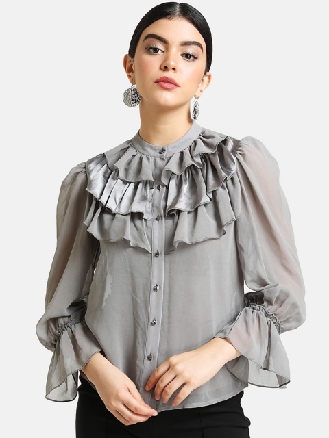 Kazo Women Grey Regular Fit Solid Casual Shirt