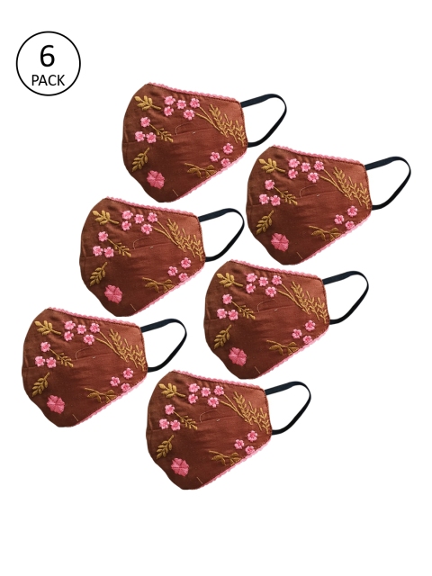 

nestroots Unisex Set of 6 Brown & Pink Embroidered 2-Ply Reusable Outdoor Cloth Masks