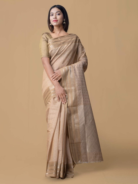 

Unnati Silks Cream-Coloured Striped Pure Cotton Saree