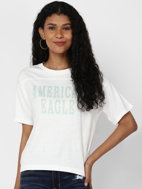 AMERICAN EAGLE OUTFITTERS Women White Printed Round Neck T-shirt