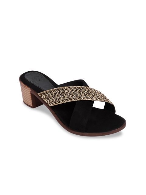 

Sole To Soul Women Black & Gold-Toned Embellished Block Heels